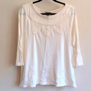 Lucky Brand White Embroidered 3/4 Sleeve Shirt